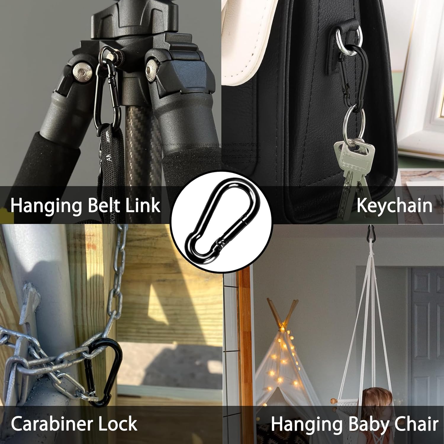 Carabiner Clips Black Twours Spring Snap Hooks Small Carabiners Heavy Duty Galvanized Steel Quick Links for Rust-Resistant Keychain Clips Outdoor Hiking Camping Hammock Fishing 1.56" 1.97" 2.36" 3.15"