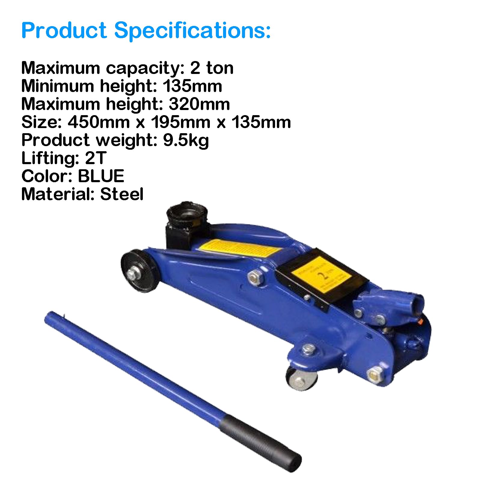 Suelo Jack 2 toneladas de carro hidráulico Jack Heavy Duty para mantenimiento de garaje, zona de elevación 135 mm - 320 mm con maletín de transporte