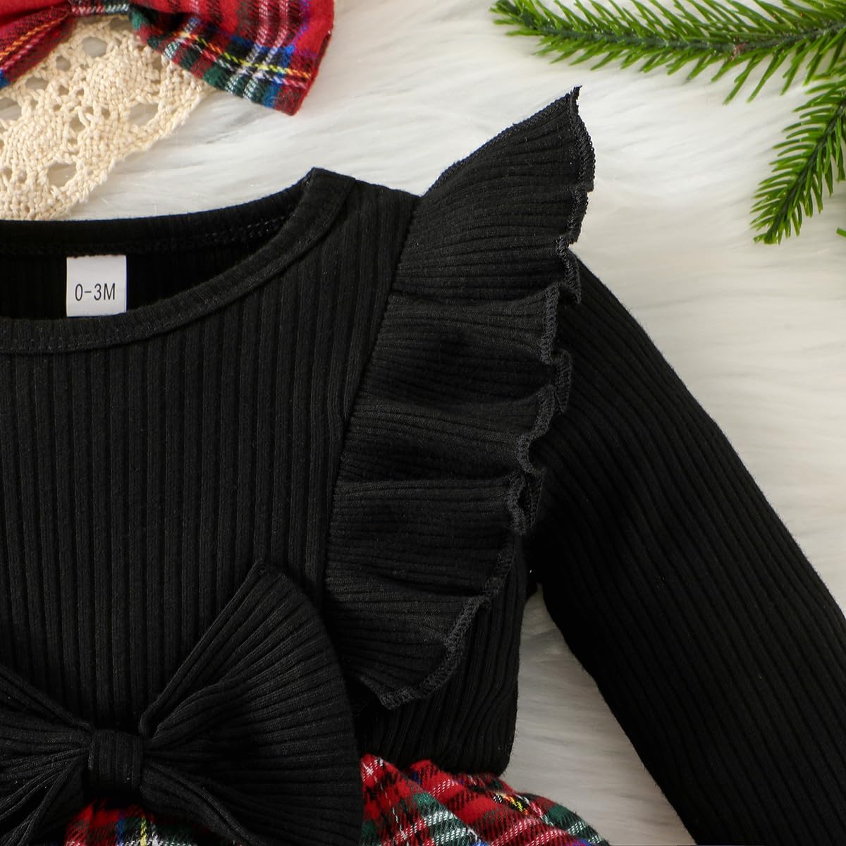 Magic Park 0-24M Baby Toddler Girls Ruffle Long Sleeve Bodysuit Ribbed Plaid Romper Dress Fall Winter Outfit with Headband - Image 5