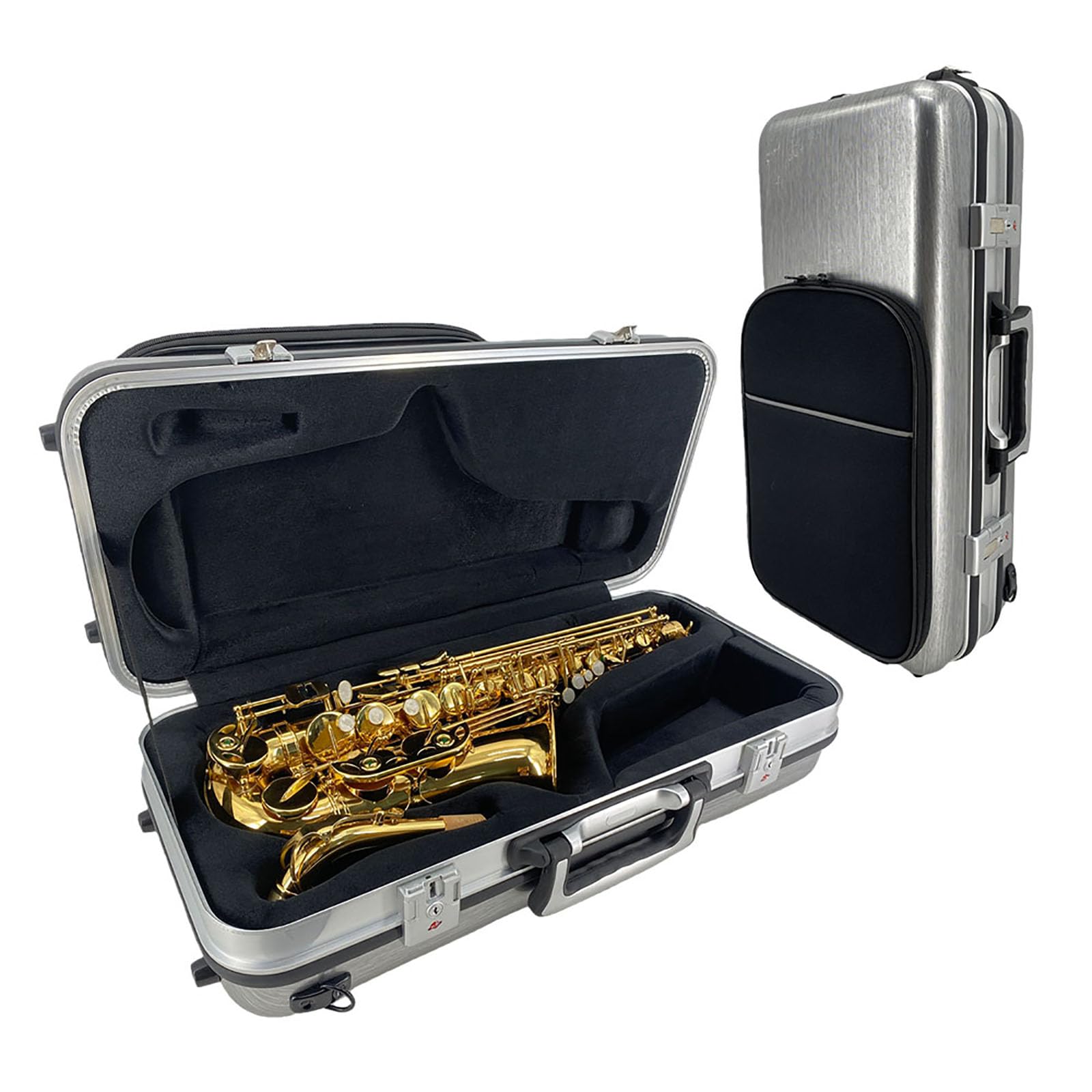 Funda de fibra de carbono para saxofón alto, ligera, impermeable, color plateado, a prueba de golpes, con cerradura de llave, asas dobles, correa de hombro acolchada gruesa y bolsillo
