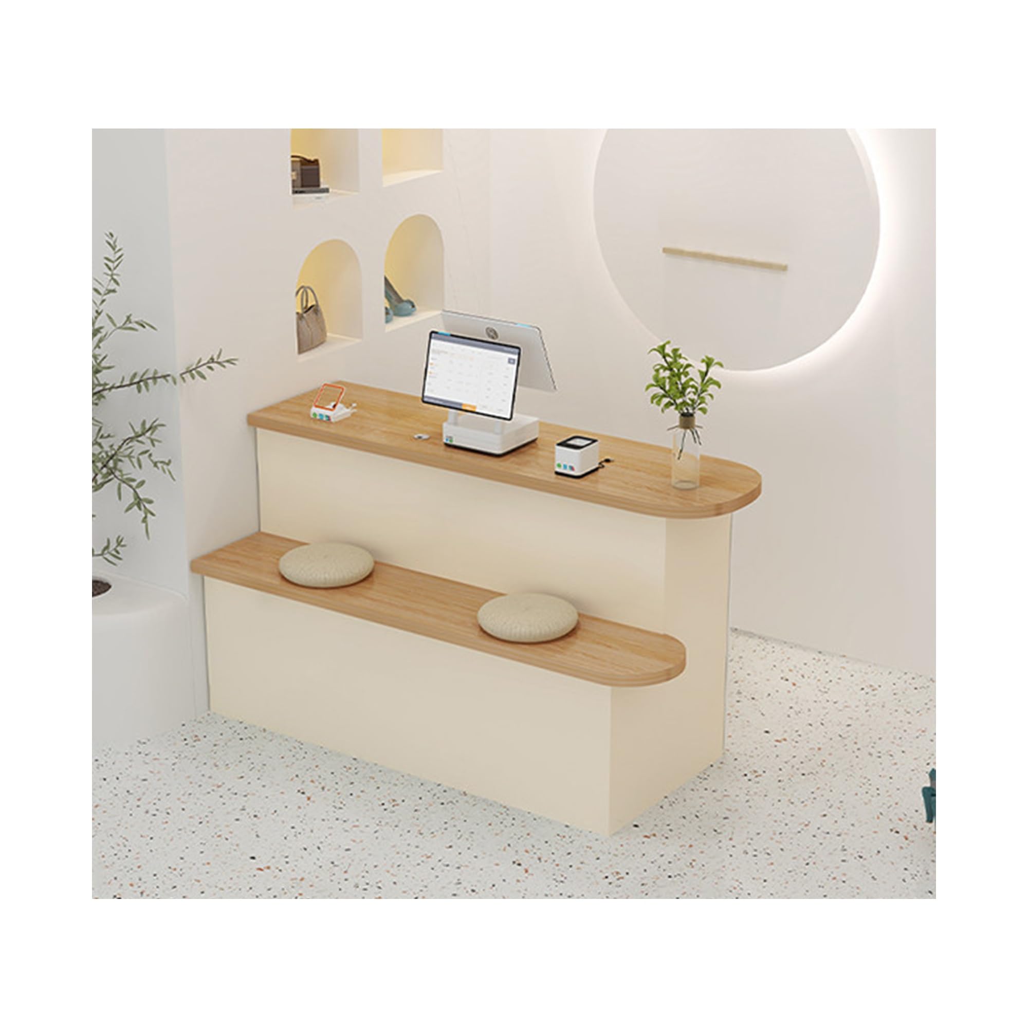 Moderner Empfangstresen, Kassentisch, Stationsthekentisch, kleiner Empfangstisch, Büro-Empfangstresen mit abschließbaren Schubladen, für Bekleidungsgeschäft, Firmenempfangstresen, Café(Beige,90*75*90c