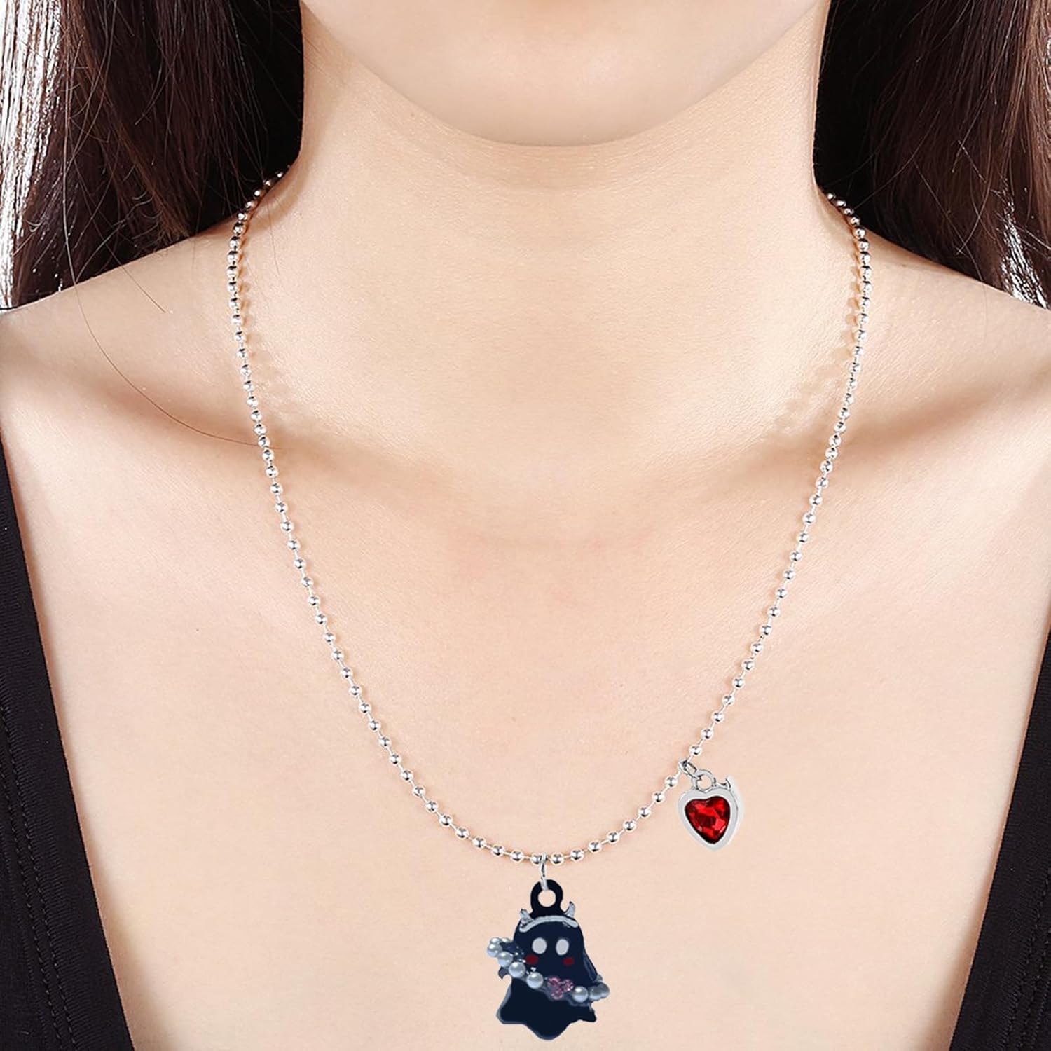 WETMT Ghost Necklace for Women Red Heart Crystal Ghost Necklace Cute Tiny Ghost Pendant Necklace White Black Ghost Charm Necklace Halloween Costume Jewelry - Image 3