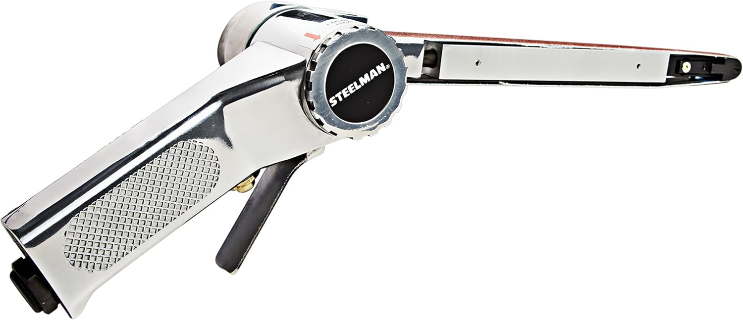 Steelman Air Belt Sander 1/2-inch (13mm) x 24-inch Sanding Belt, 360-degree Rotation, Built-In Regulator, Redirected Exhaust, Pneumatic Sander Tool