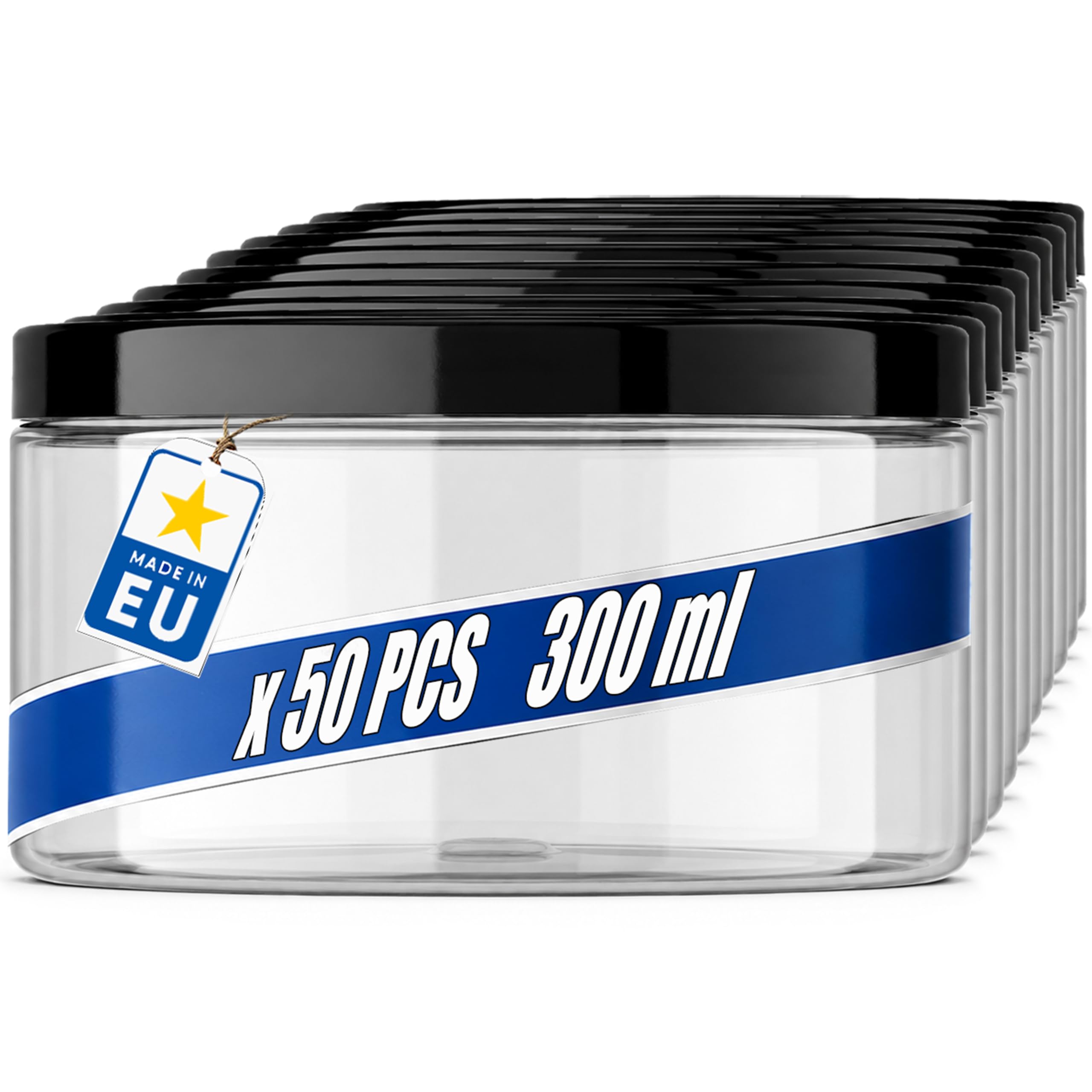 POSH Barattoli ermetici, 50 x 300 ml, in PET per uso alimentare, con coperchio a vite nero, contenitori in plastica trasparente con coperchio per spezie, mini barattolo in plastica