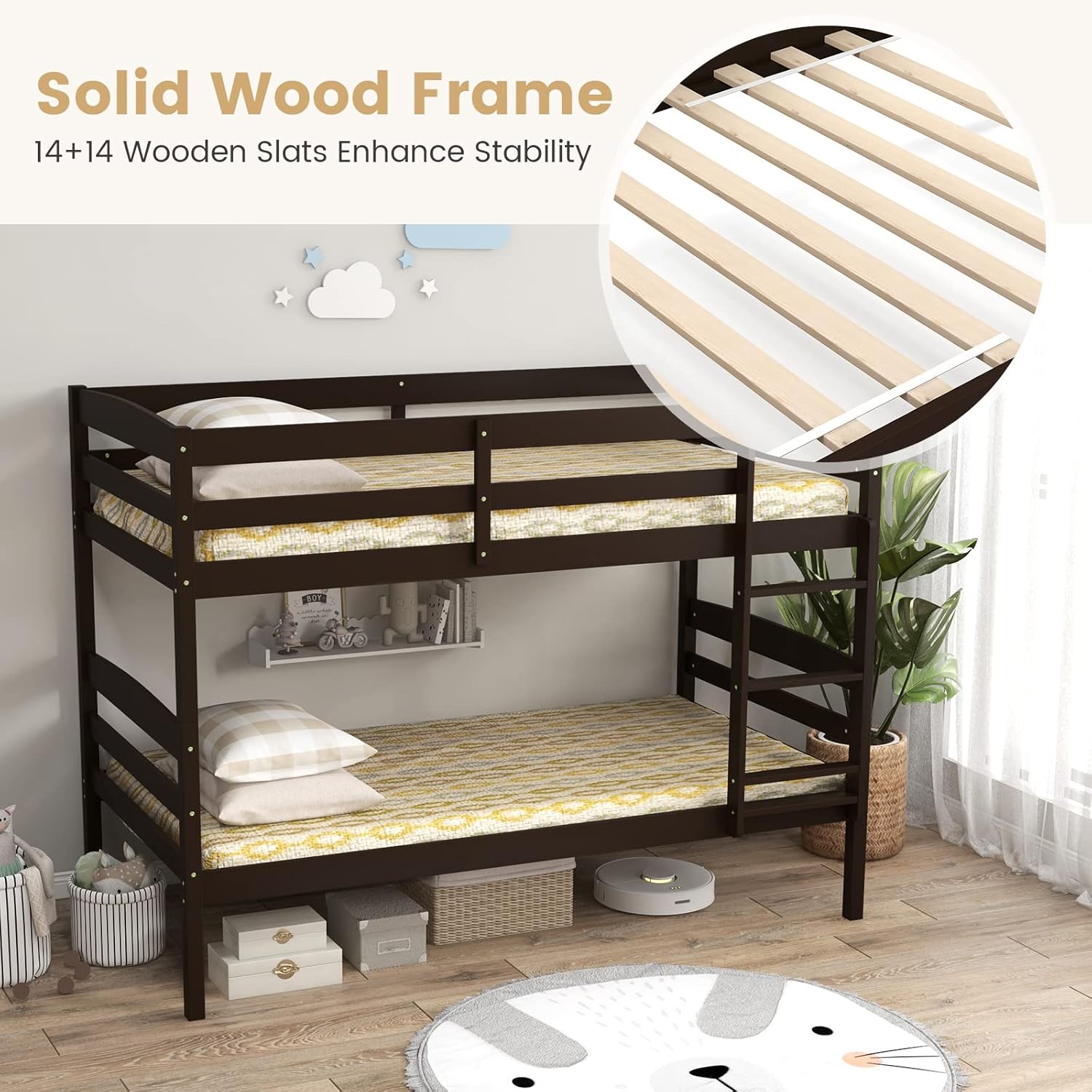 DORTALA Twin Over Twin Bunk Bed, Rubber Wood Convertible Wood Bunk Bed with Ladder Guardrail, Safety High Guardrail, Solid Wood Frame, Practical Morden Bunk Beds for Home, Dorm, Apartment, Espresso