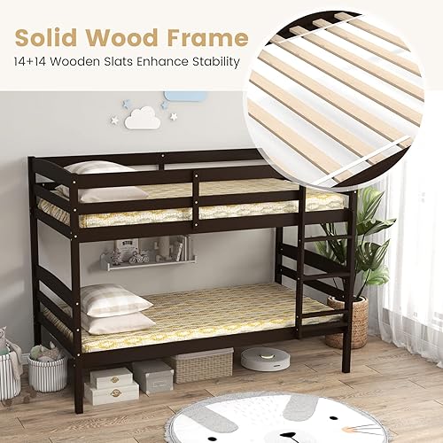 Miniatura 4 de KOMFOTT - Litera con tamaño doble sobre dos individuales, estructura de litera de madera con barandilla de longitud completa y escalera integrada,