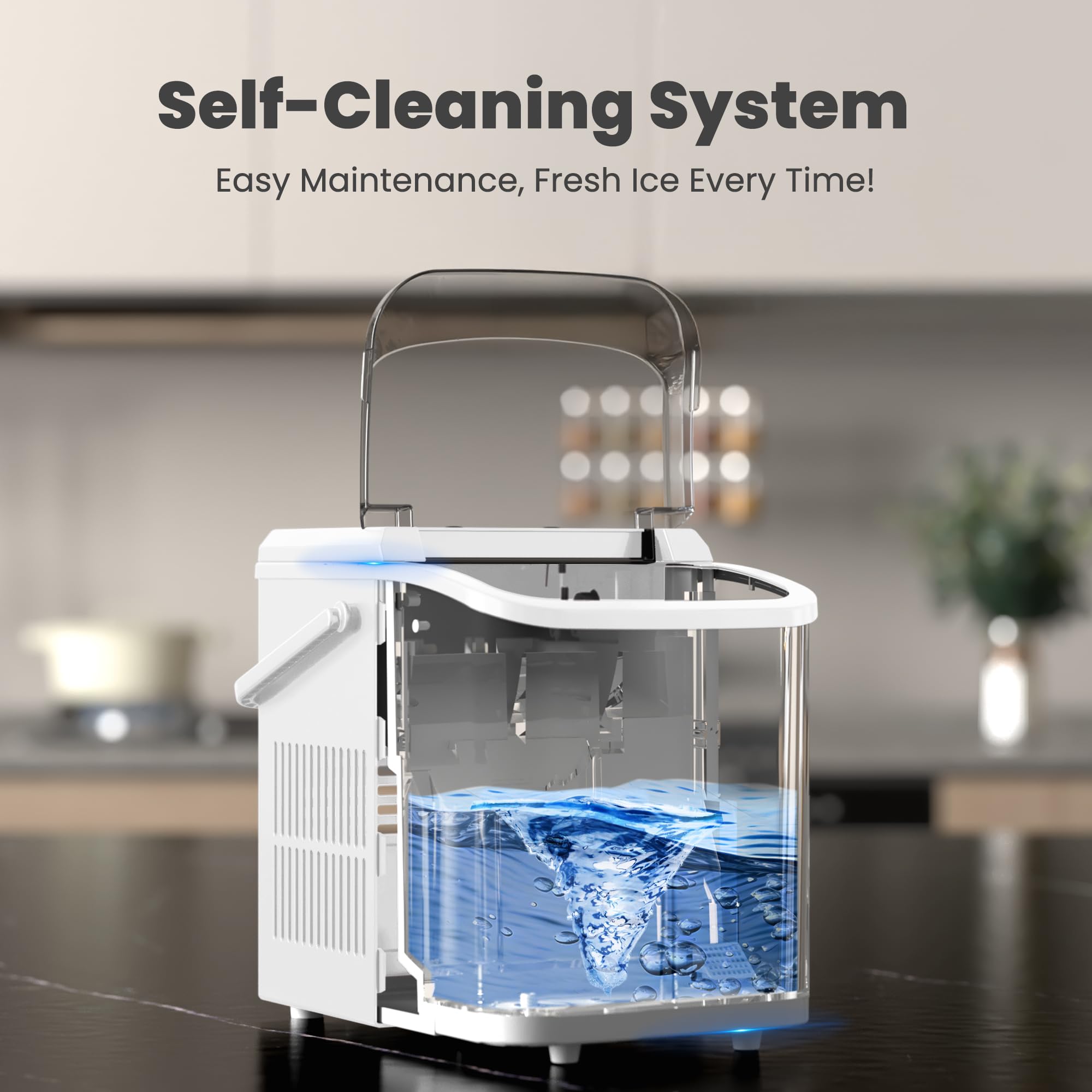 Dumos Countertop Ice Maker With Handle, 26lbs/24h Portable Ice Machine, 9 Bullet Ice Cubes Ready In 6 Mins, Self-Cleaning, Quiet Compact Ice Maker For Home, Kitchen, RV, Camping, White on Fridge.com - View 5