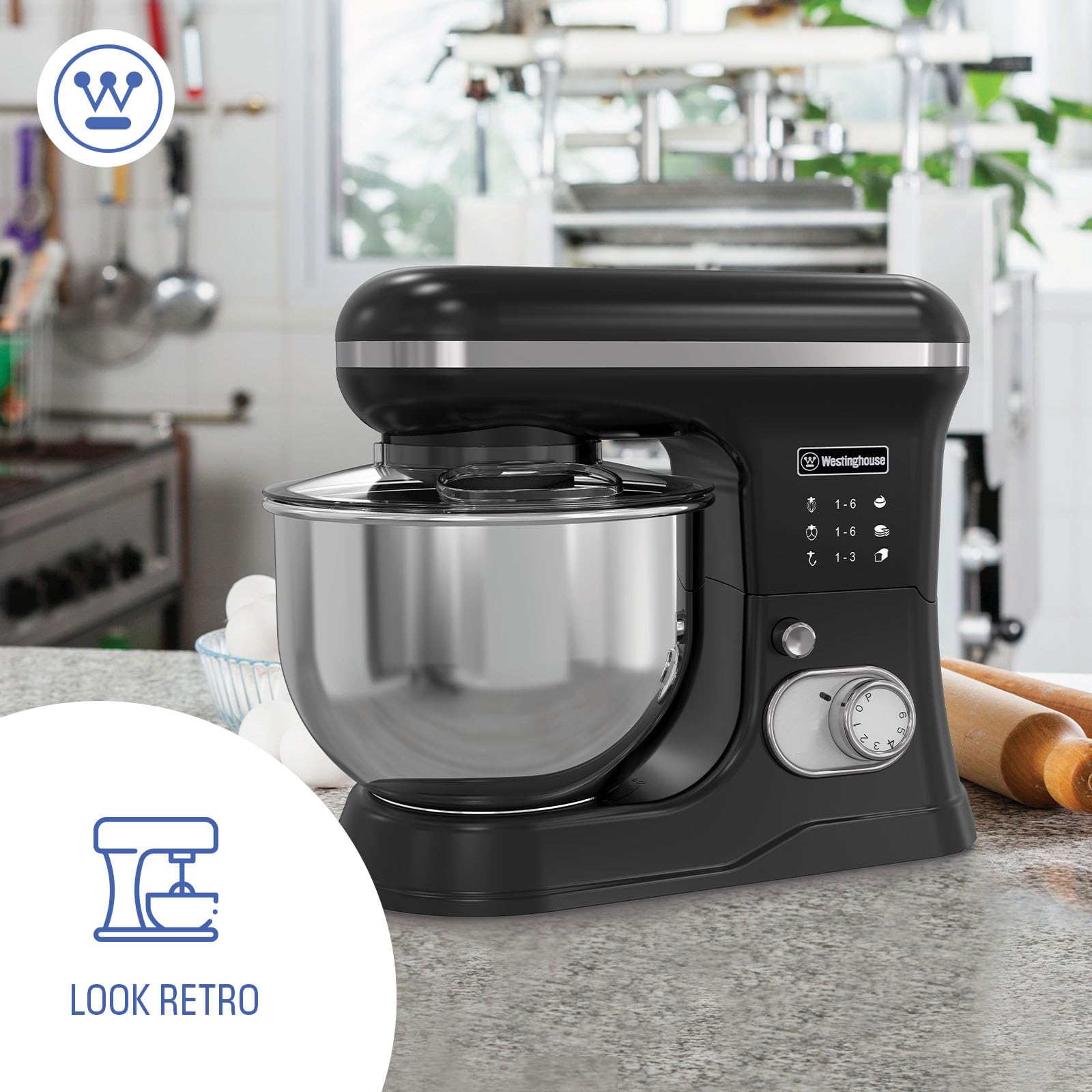 Westinghouse Batidora de pie Retro - 1200W - Tazón de cocina 5L - Robot de cocina - Batidora de cocina - Procesador de alimentos - Negro