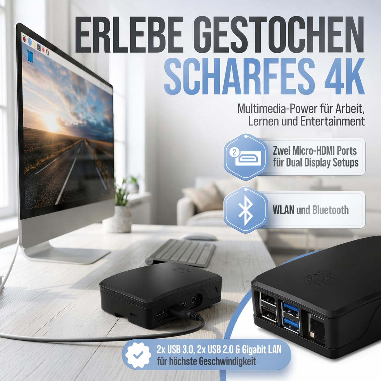 Raspberry Pi 4 4GB Starter Set 64GB Black Edition Netzteil 15W Gehäuse schwarz Kühlkörper Set 4K Micro HDMI Kabel