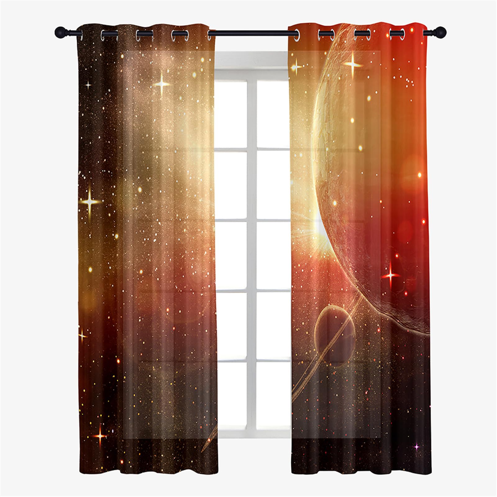 Hiseng Voile Curtains 63/72/84/96 Drop Pair, Galaxy Sheer Voile Curtain Elegant Eyelets Curtains Transparent Window Drapes for Living Room Balcony Bedroom, 2 Panels (80x115cm,Red star)