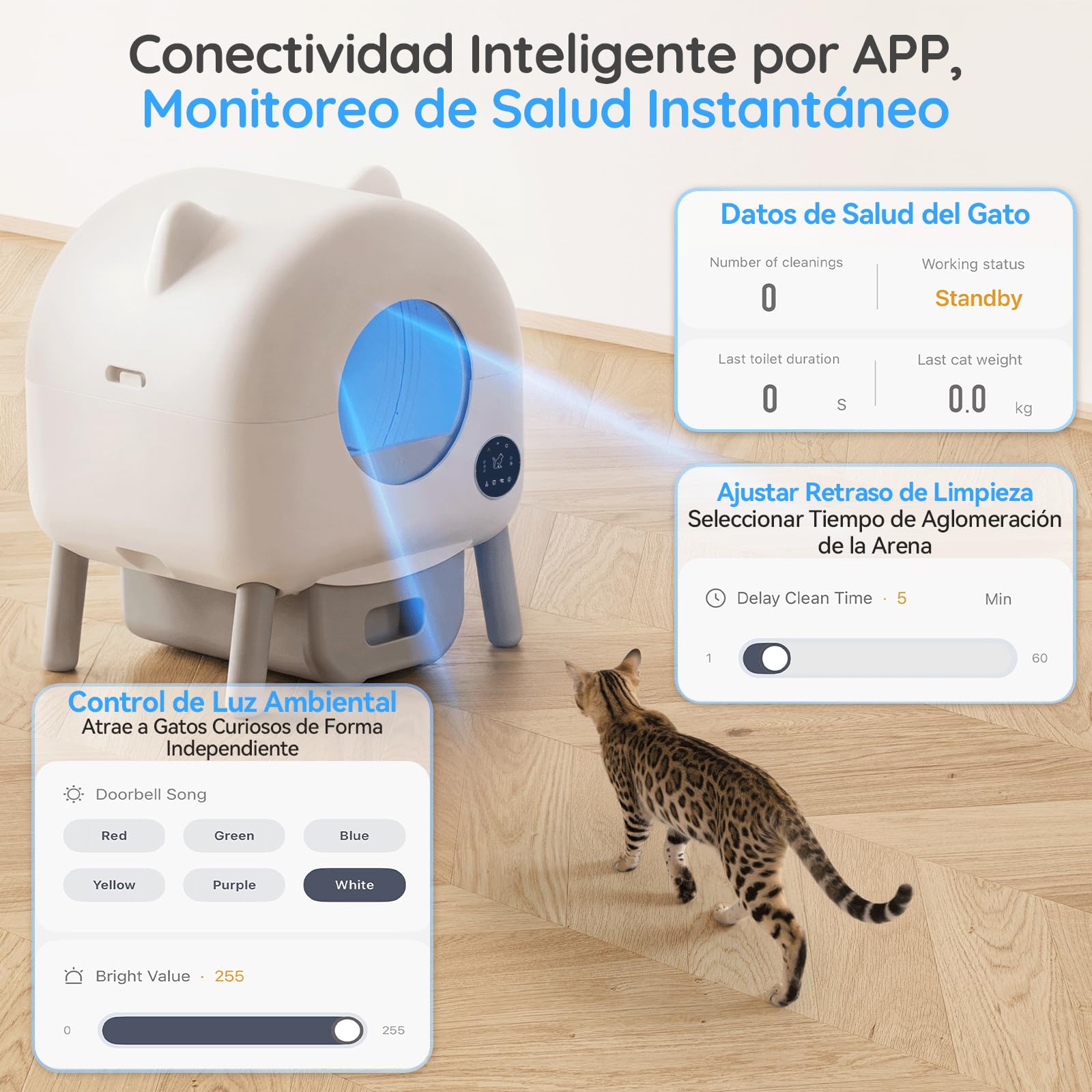 Jummico Litière pour Chat Autonettoyante, 95L+15L Litière Automatique pour Chat, avec Éclairage Intérieur Contrôlable, Désodorisation, Contrôle par APP, Surveillance Santé par IA
