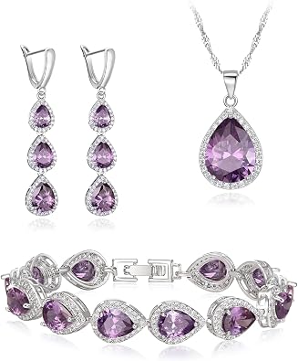 EleQueen Water Drop Pendant Necklace Long Dangle Earrings Tennis Bracelet Set, Sparkle Cubic Zirconia Teardrop Wedding Jewelry Sets for Bride Bridesmaid