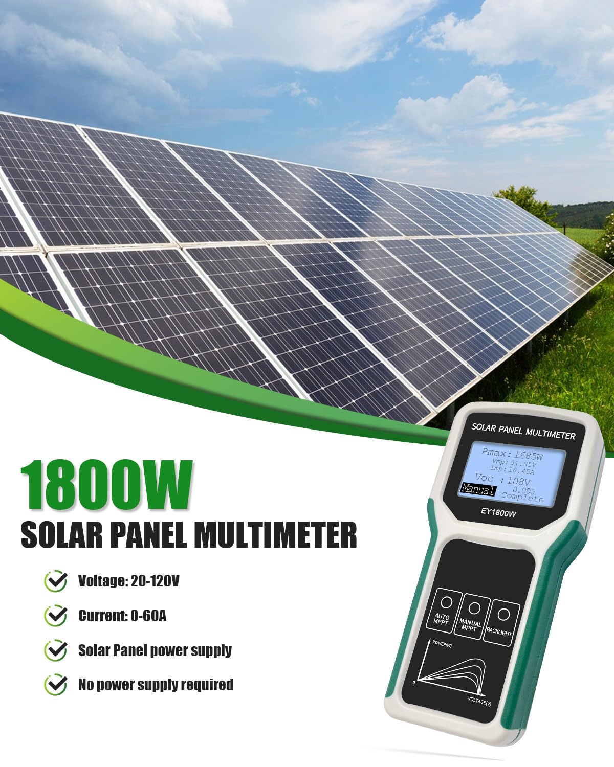 Fotowoltaiczny tester paneli słonecznych, 1800 W, panel słoneczny MPPT multimetr XFDE-T9-EY1800W