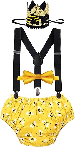 Miniatura 2 de Traje de primer cumpleaños para bebé niño, pantalones temáticos de vacas sandía + tirantes en la espalda + diadema con lazo, 4 piezas, ropa de