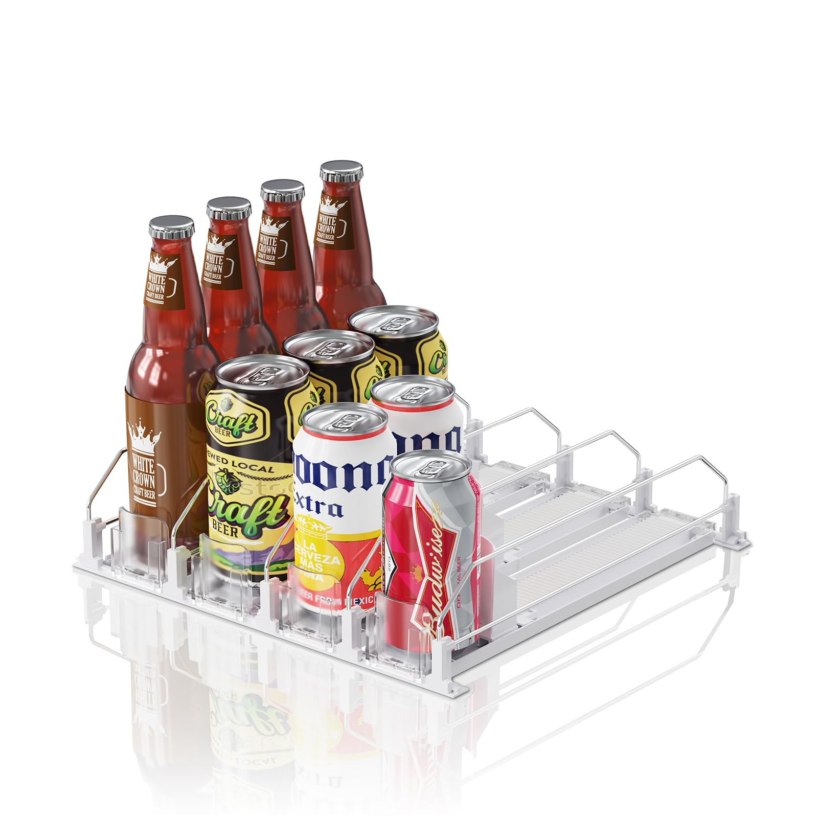 Photo 1 of JUNMEI Drink Organizer for Mini Fridge (Fits Depth ? 12.2"), 12oz 16oz 20oz Soda Can Dispenser, Width Adjustable Automatic Pusher Glide, 12.2" D 4ROW Holds 16 Cans, White