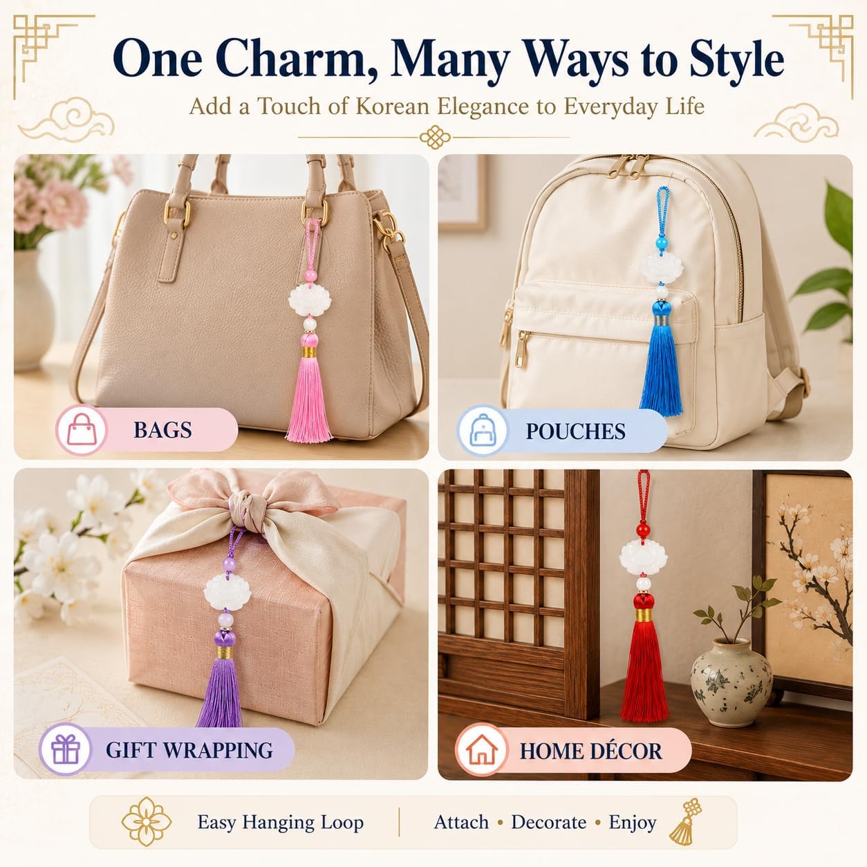 Korean Norigae Tassel Charms, 4-Pack Traditional Lotus Pendants
