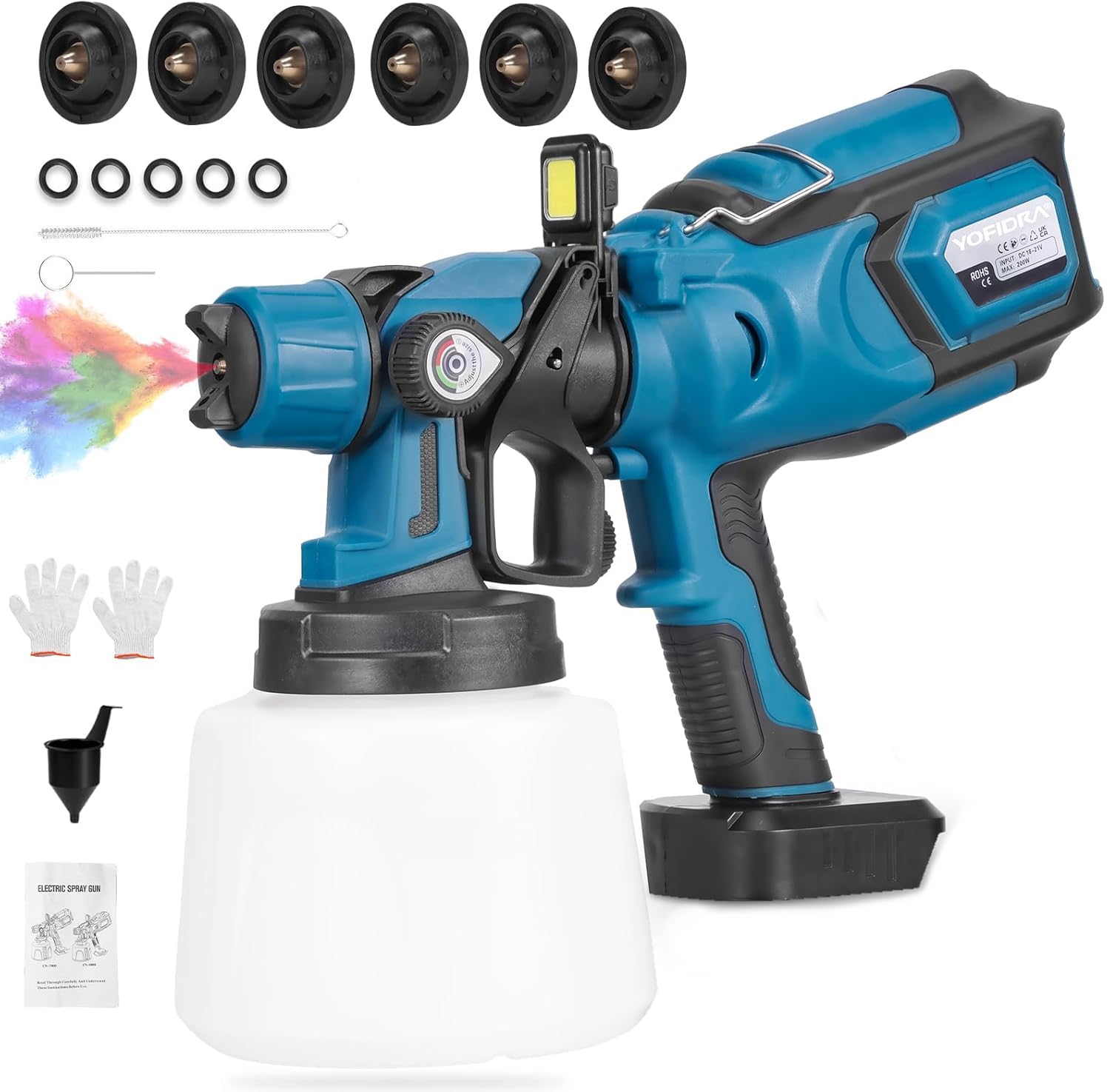 Yofidra Cordless Paint Sprayer, 800W HVLP Electric Paint Gun with 1400ML Container, 6 Nozzles, LED Light, Paint Spraying for Fence, Walls, Furniture, Indoor & Outdoor Painting (Battery Not Included)