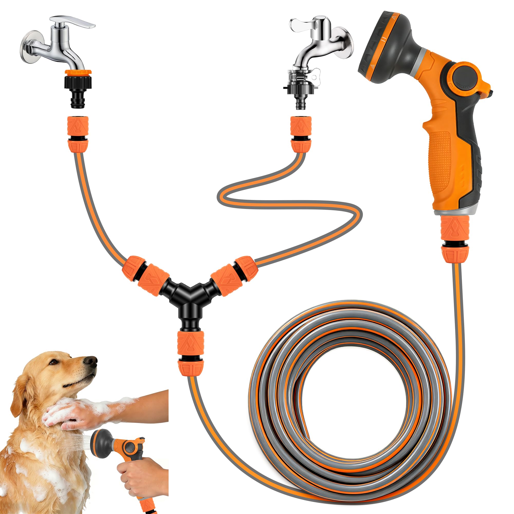 Homrich 14pc Outdoor Dog Shower Hose Kit - 3M Kink-Resistant Garden Hose Pipe, 2 in 1 Hot & Cold Kitchen Tap Connector, Hose Connector, Y-Splitter and 8 Spray Modes Sprayer for Muddy Paws Pet Wash