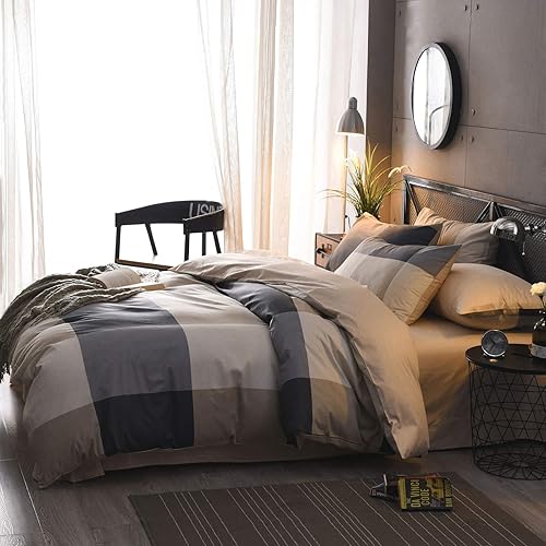 Miniatura 2 de Juego de funda de edredón a cuadros tamaño Queen, 100% algodón, 3 piezas, juego de ropa de cama a cuadros Queen, juego de funda de edredón a cuadros