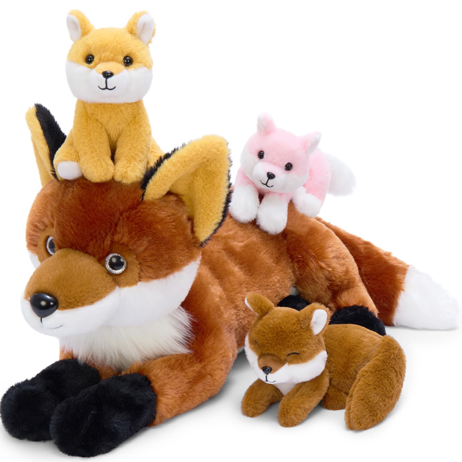 MaoGoLan 55cm Giant Fox Teddy with 4 Baby Foxes Inside, Fluffy Cuddly Fox Plush Toy Stuffed Animal Set, Ideal Present for Kids, Girls, Birthday Party & Decoration