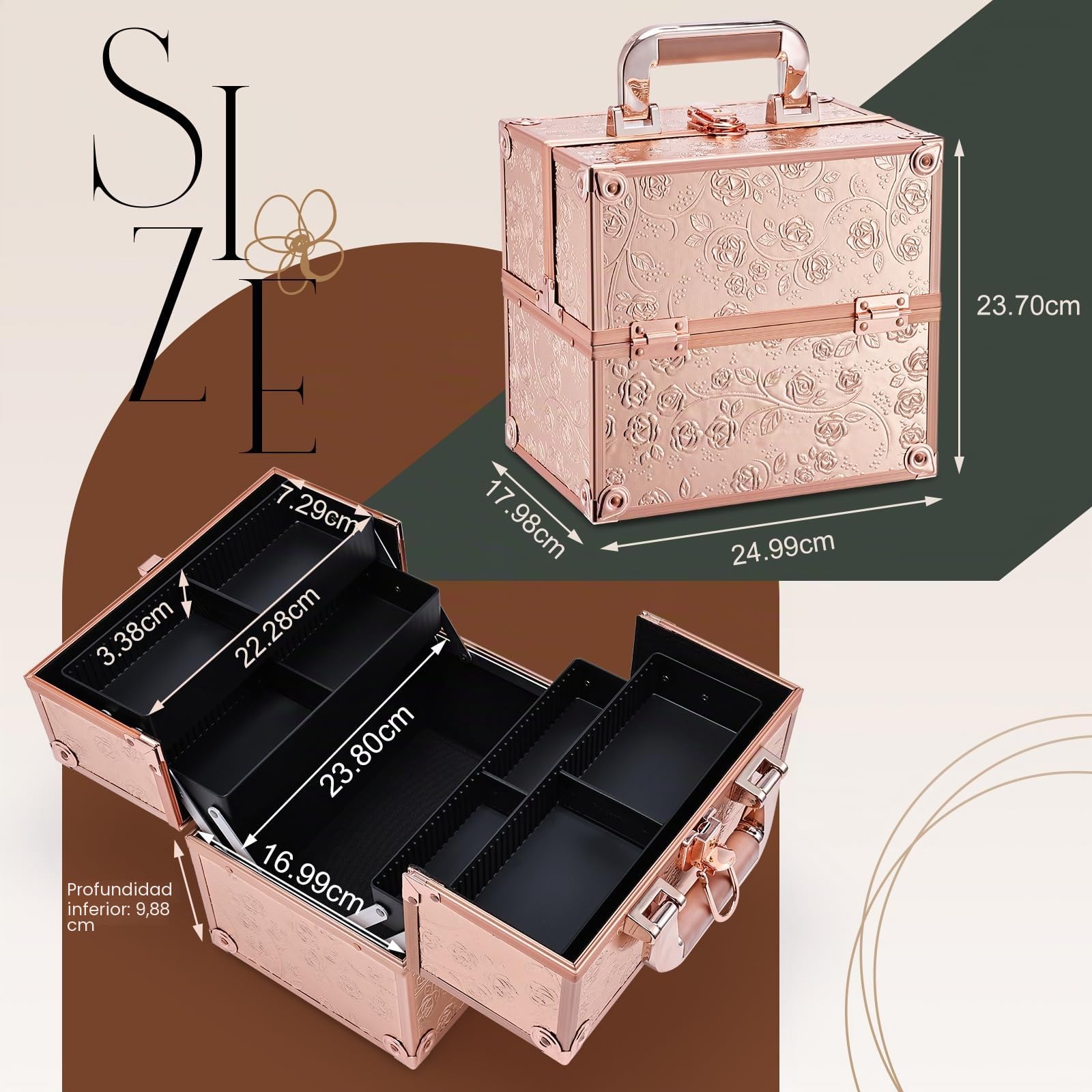 Maletín Maquillaje Cosméticos Estuche Maquillaje y 4 Tarias Maleta de Makeup Case Estuche Organizador Estuche de Uñas Joyero y Manicura Beauty Case de Viaje para Mujer Profesional, Rosa Oro
