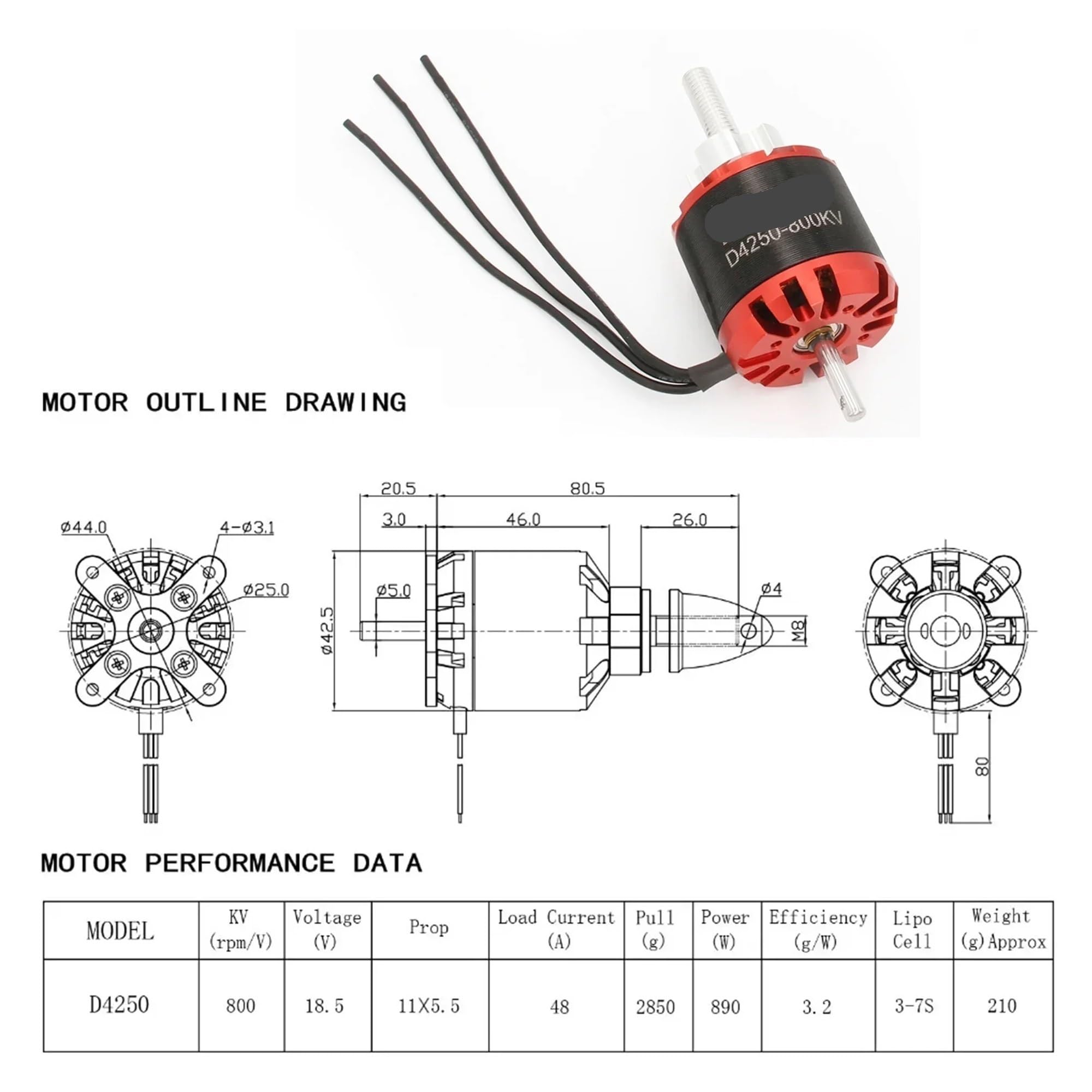 Motore Brushless 4250 800KV 600KV 3-7S Outrunner con ESC 80A per Aerei RC Droni
