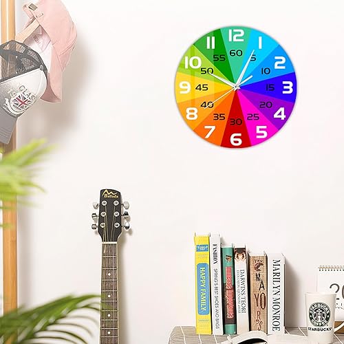 Miniatura 5 de Reloj de aprendizaje con rueda de color arcoíris, reloj de enseñanza de 12 pulgadas para niños, reloj de pared analógico para aula, movimiento