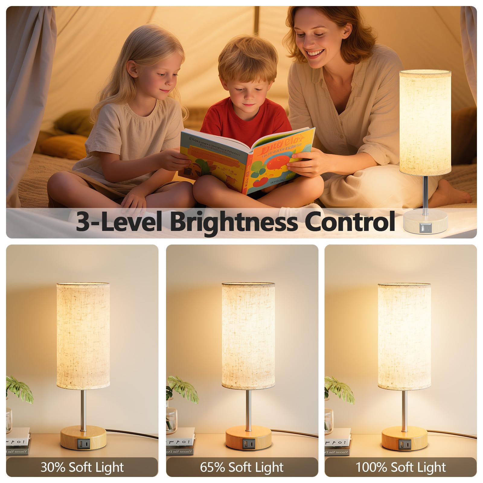 UPXNBOR Bedside Lamps, Table Lamp for Bedroom/Living Room/Study Room/Office with USB A+C Charging Ports, Reading Light - Image 2
