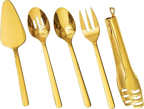 Vista 31 de KINGSTONE Juego de utensilios grandes para servir anfitrionas, utensilios de acero inoxidable 18/10 resistentes de 10 pulgadas, cucharas ranuradas