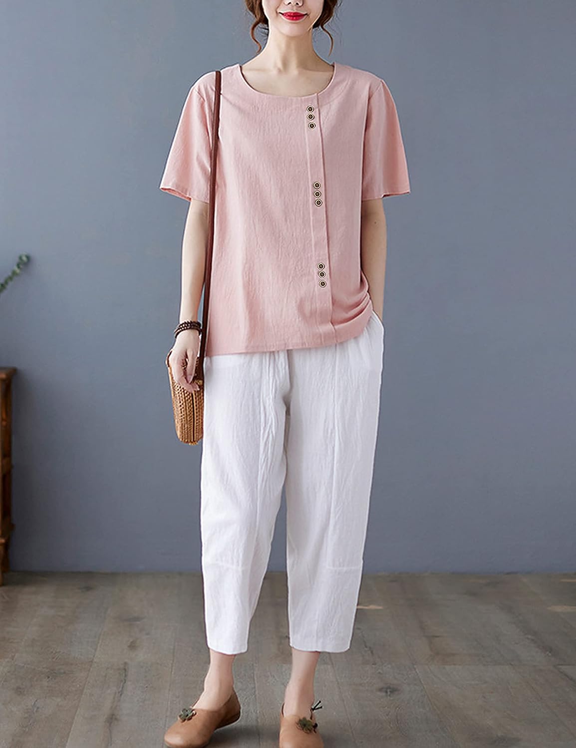 SCUSTY Oversized Crew Neck Linen Tops for Women Short Sleeve Cotton Blend Tee Shirts - Image 3