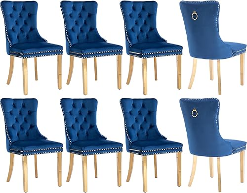 Miniatura 39 de Juego de 6 sillas de comedor de terciopelo, sillas tapizadas con respaldo alto capitoné con ribete de cabeza de clavo y anillo de tracción, patas de