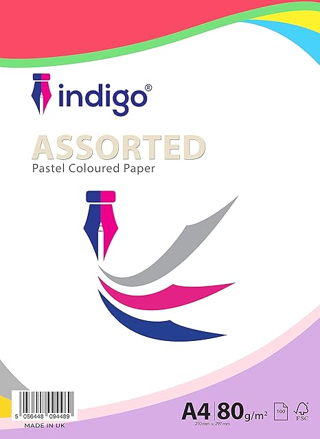 Indigo® A4 80gsm Coloured Paper Origami Assorted Multi Colour Paper for Art & Craft Sheets (Pastel Colour Range, 30 Sheets)