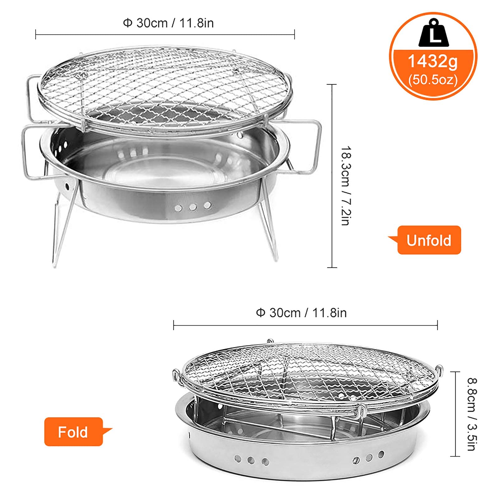 Składana kuchenka kempingowa Mini BBQ, 12-calowy grill ze stali nierdzewnej do grillowania pikników kempingowych, grill węglowy z wyjmowaną tacą, łatwy do czyszczenia
