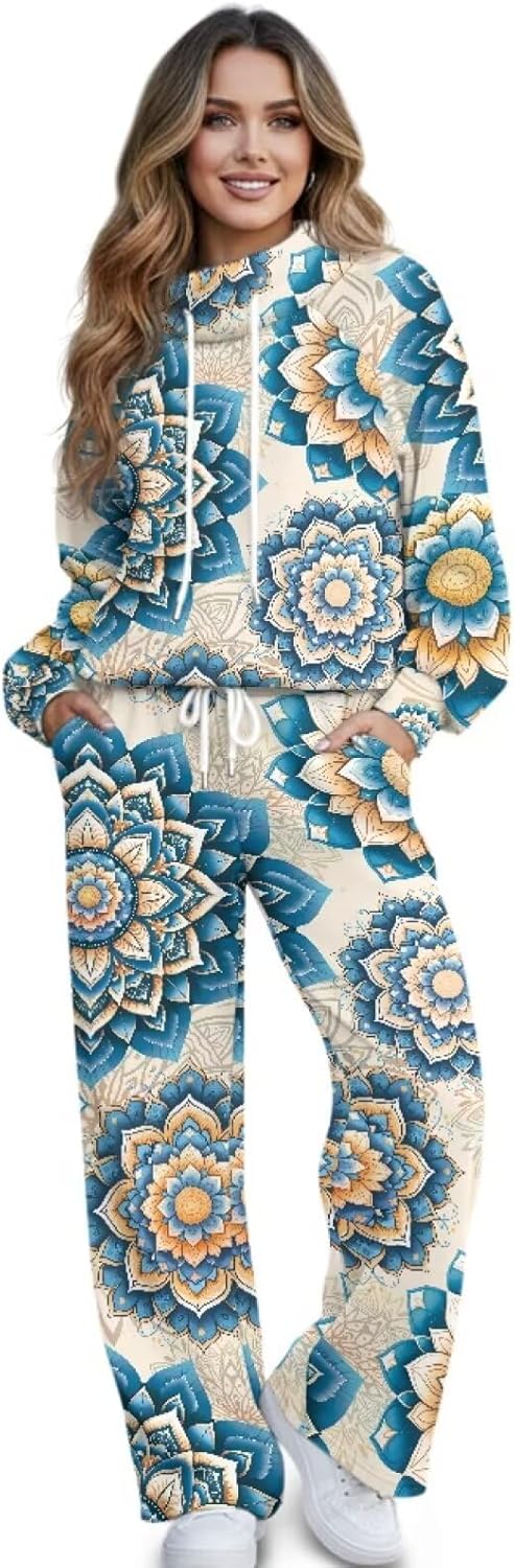 Vintage Style Tracksuits for Women Set Womens 2 Piece Outfits Mockneck Sweatshirts and Wide Leg Pants Set