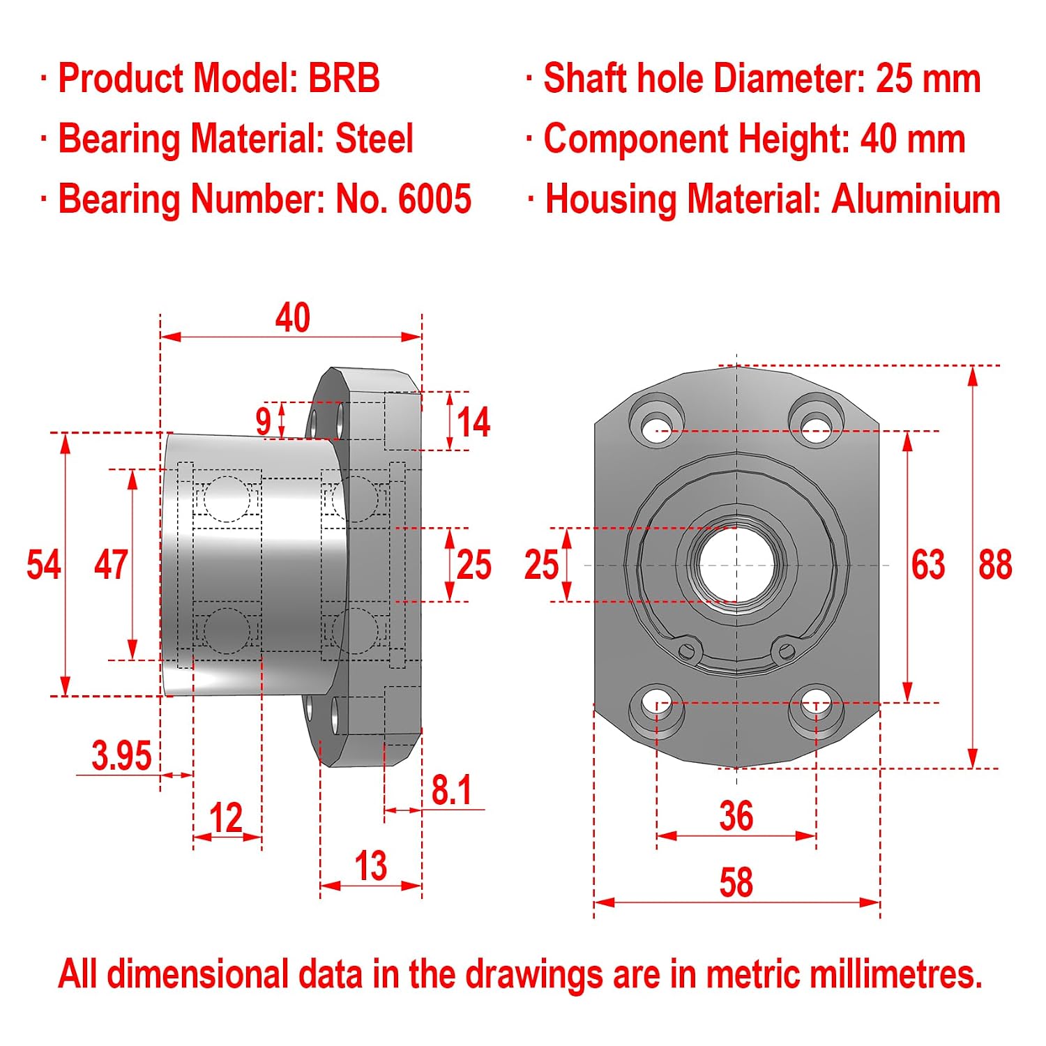 AUZHU- BRC - Metric- Double Bearings with Housing, Aluminium Alloy Round Flange Seat, Configurable Length, Deep Groove Ball Bearings with Retaining Ring Size: D 25 mm, L 40 mm, Bearing No.6005
