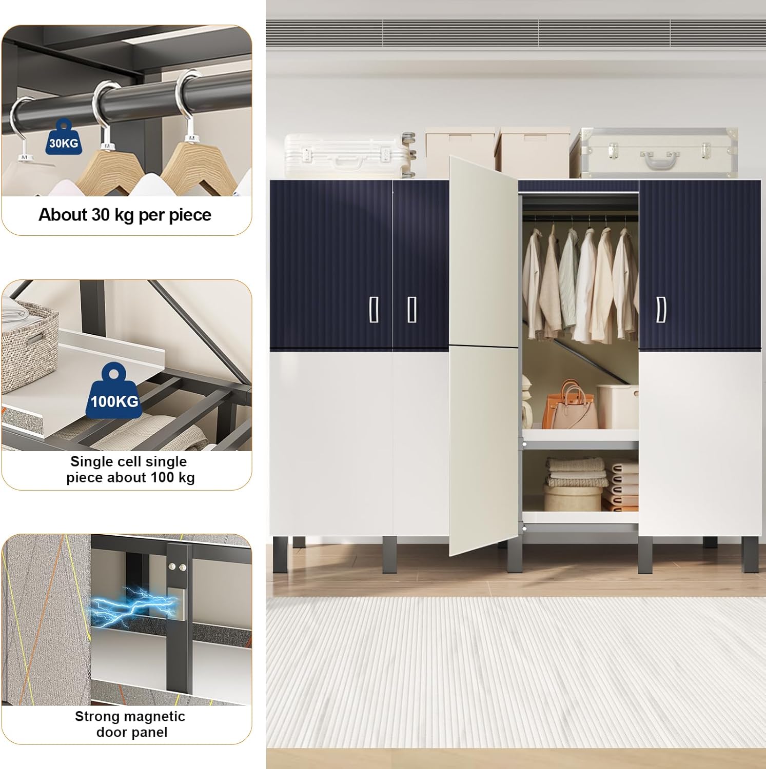Large Portable Closets for Hanging Clothes | Heavy Duty Clothes Rack with Cover Foldable | Max Load 1000LBS Portable Wardrobe | Portable Closet, Double Rods Bedroom (Blue-magnetic door, 70.8")