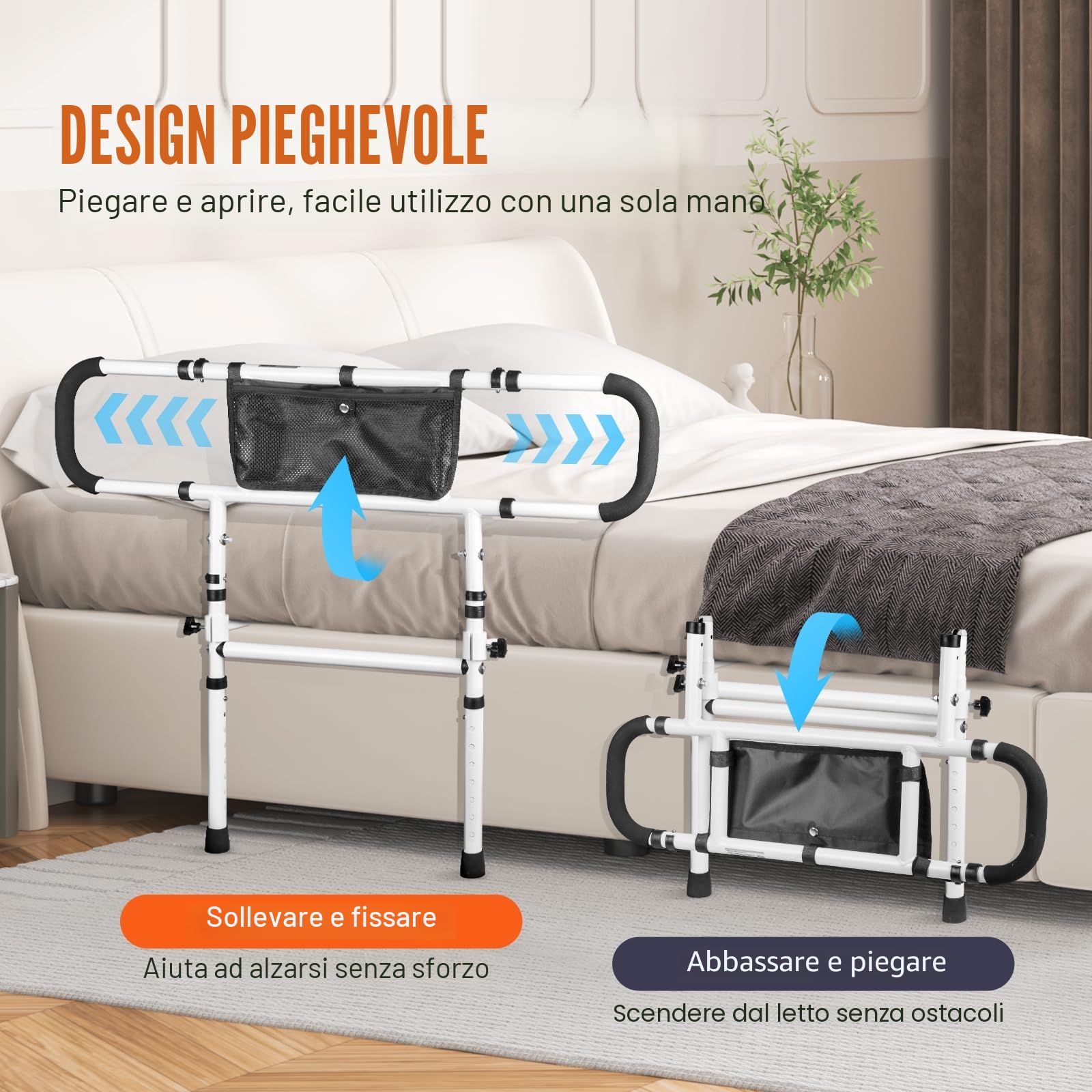 VEVOR Supporto del Letto Pieghevole a 180° Protezione Laterale del Letto di Sicurezza Carico max. 204 kg, Maniglia Regolabile a 4 Livelli con Tasca di Stoccaggio per Letto Matrimoniale King Queen Size