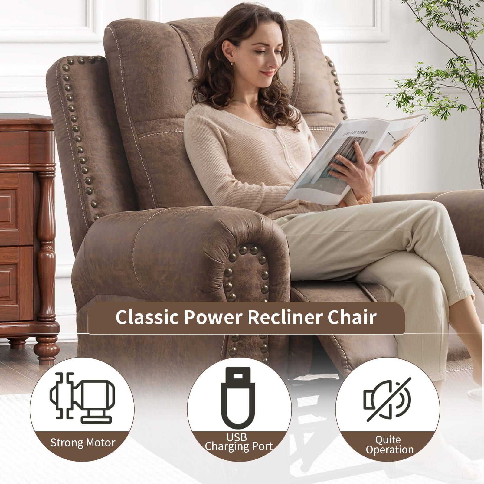 HAOMARKETS Classic Oversized Power Recliner Chair with with Rivets, Breathable Faux Leather Electric Recliner with USB Port, Overstuffed Reclining Sofa for Living Room, Light Brown (2 boxes)