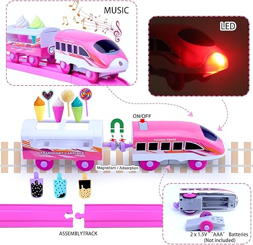 Miniatura 6 de Juegos de tren rosa para niños pequeños, juguetes musicales de tren eléctrico con camión de helado de bricolaje, rompecabezas de espuma 3D, kit de