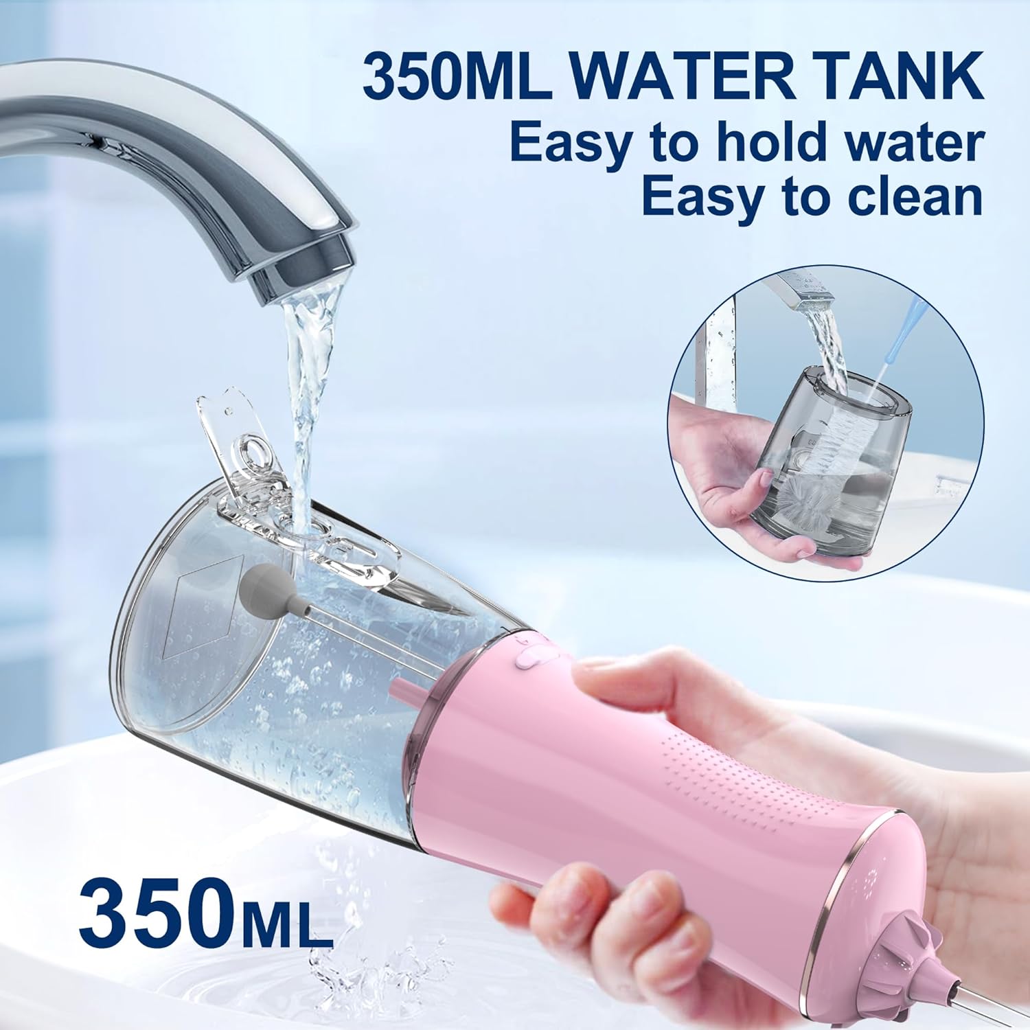 Water Dental Flosser for Teeth - 350ML Large Tank 5 Modes & 6 Tips Cordless, Oral Irrigator Waterproof, Portable Teeth Cleaning and Flossing with Effective Plaque Remover for Adults (Pink) - Image 3