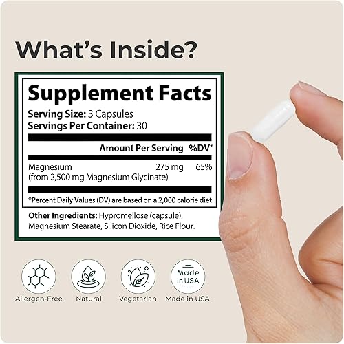 Miniatura 5 de Glicinato de magnesio hiperabsorbido 275 mg, ayuda natural para dormir, alivio del estrés, 90 cápsulas