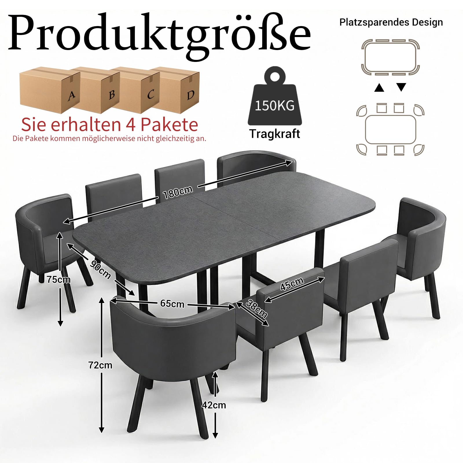 Konferenztisch 180x90cm, Moderner Besprechungstisch mit Metallrahmen und 8 Stühle, Rechteckiger Meetingtisch für 6–8 Personen für Büro, Konferenzraum, Seminarraum, Esszimmer (Grau)