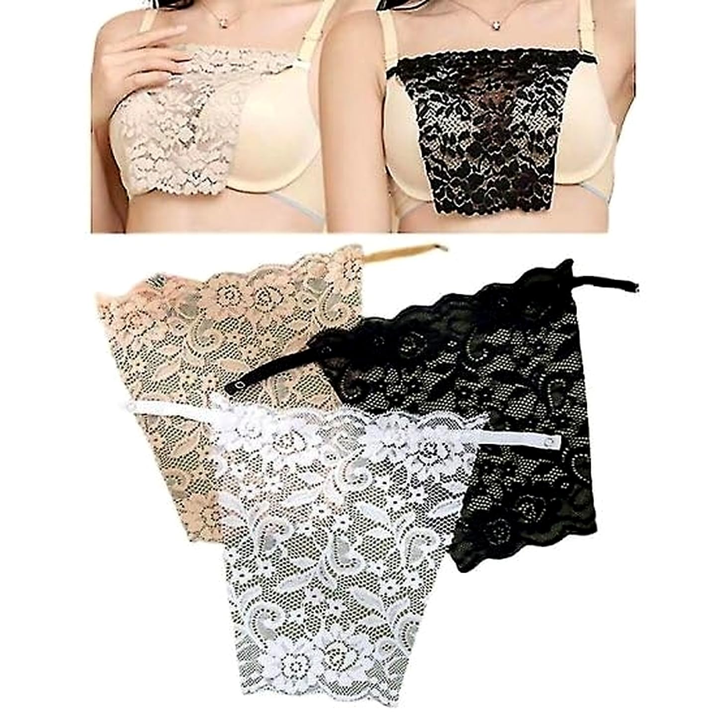 Clip-On Lace Camisole Modesty Insert – Deep V-Neck Cleavage Cover Up Cami Secret for Women – Versatile Adjustable Convertible Strap Innerwear Pack of 3 (Black, White, Beige)-image-26
