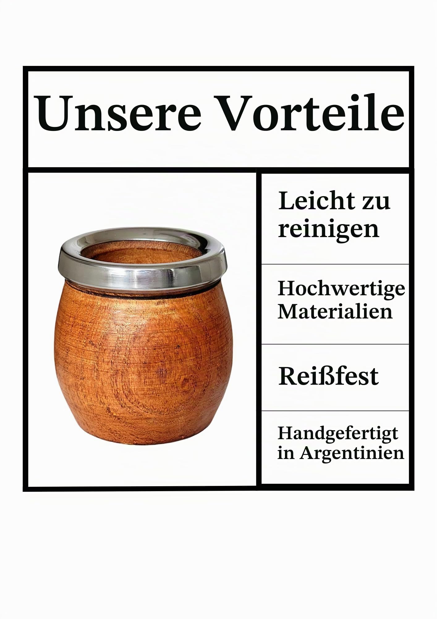 Mate Tasse Argentinien, natürlich, handgefertigt aus Johannisbrotholz mit Edelstahlrand, matt, mit Glühbirne, Gourd Mate Mug, Stil Fass