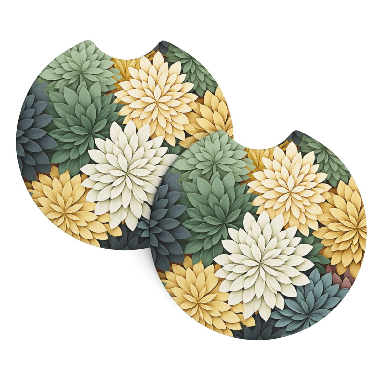 2PCS Car Coaster for Cup Holders Universal Auto Cup Mat Petals Garden Leaves Cup Coaster Pad 2.7" Waterproof Neoprene Non-Slip Cup Holder Coasters Car Interior Accessories for Women Men