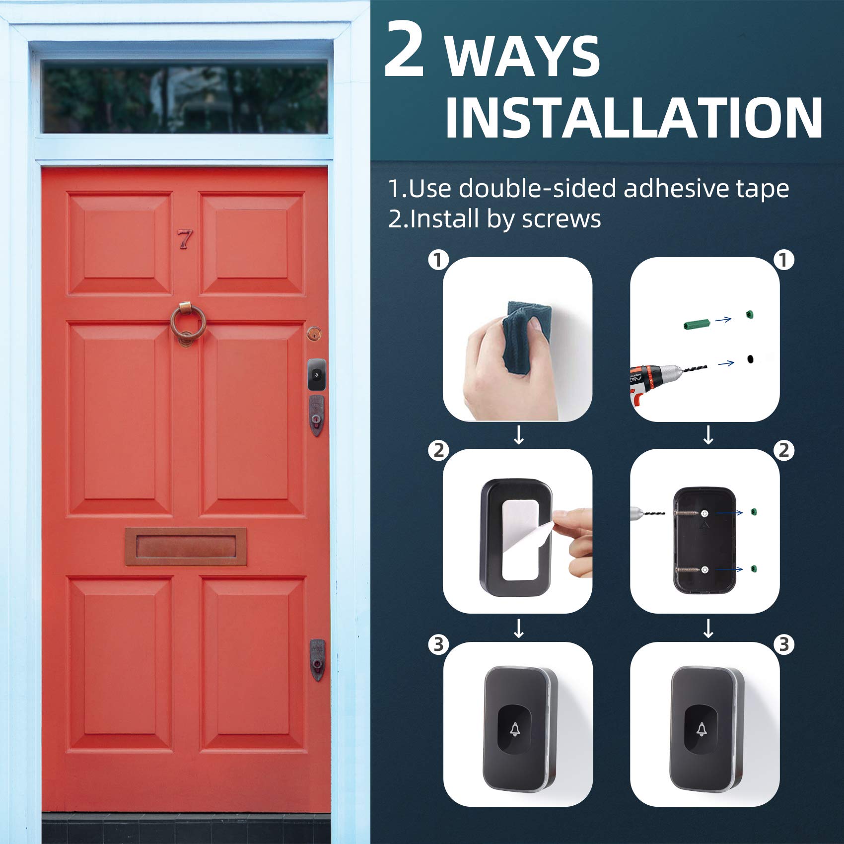 Timbre inalámbrico  - Timbre de puerta impermeable de 1200 pies, con luz LED de destello 36 melodías, 4 niveles de volumen para oficina en casa (2 receptores y 1 botón táctil, negro) 8
