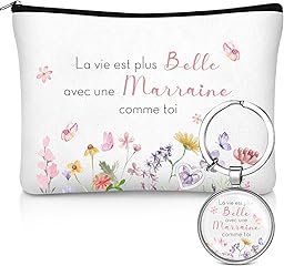 Hestya Coffret Cadeau Marraine avec Trousse de Maquillage et Porte-Clés | Sac Cosmétique en Toile et Porte-Clés en Alliage de Zinc et Verre, Idée Cadeau pour Noël, Anniversaire, Baptême, Remerciement