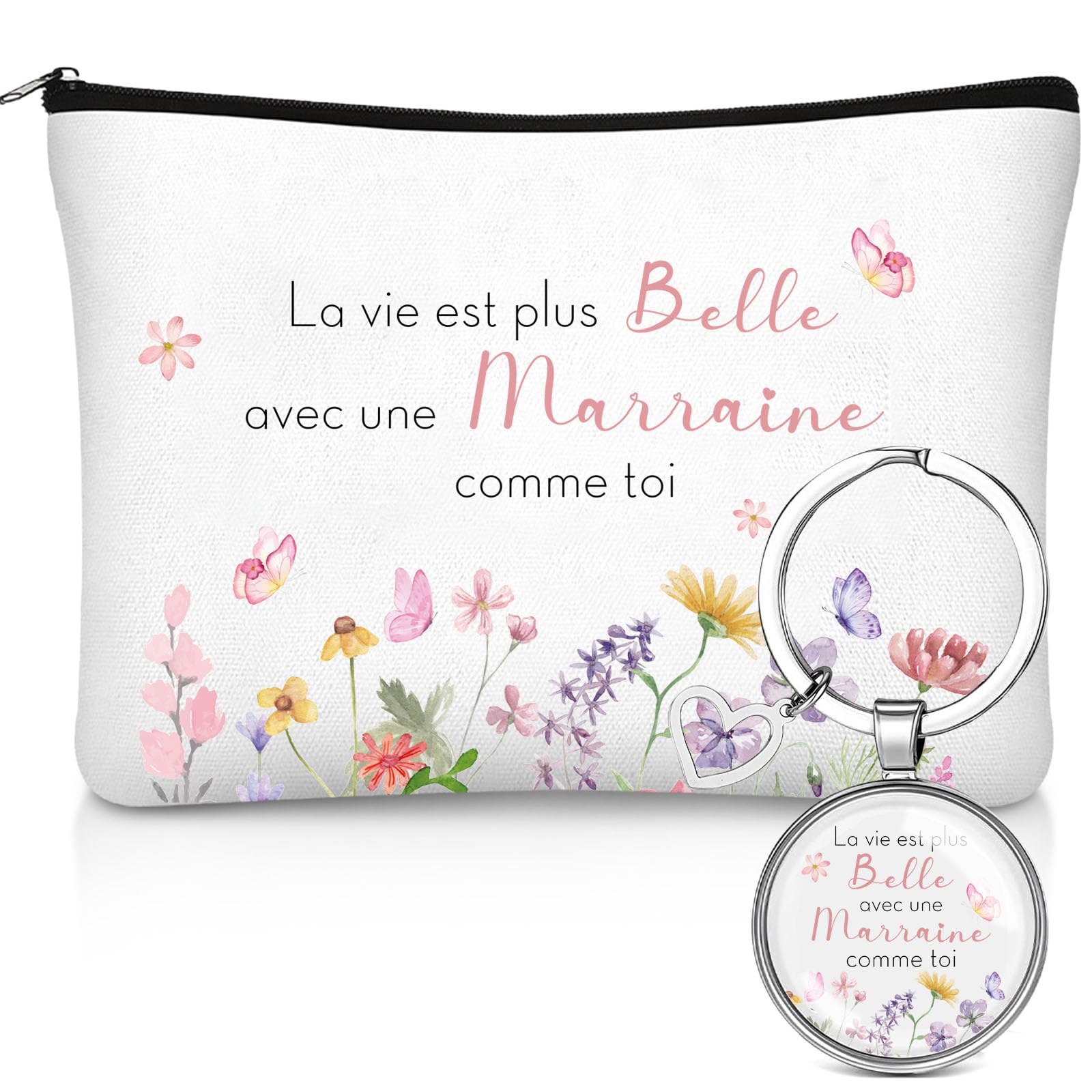 Hestya Coffret Cadeau Marraine avec Trousse de Maquillage et Porte-Clés | Sac Cosmétique en Toile et Porte-Clés en Alliage de Zinc et Verre, Idée Cadeau pour Noël, Anniversaire, Baptême, Remerciement - 1