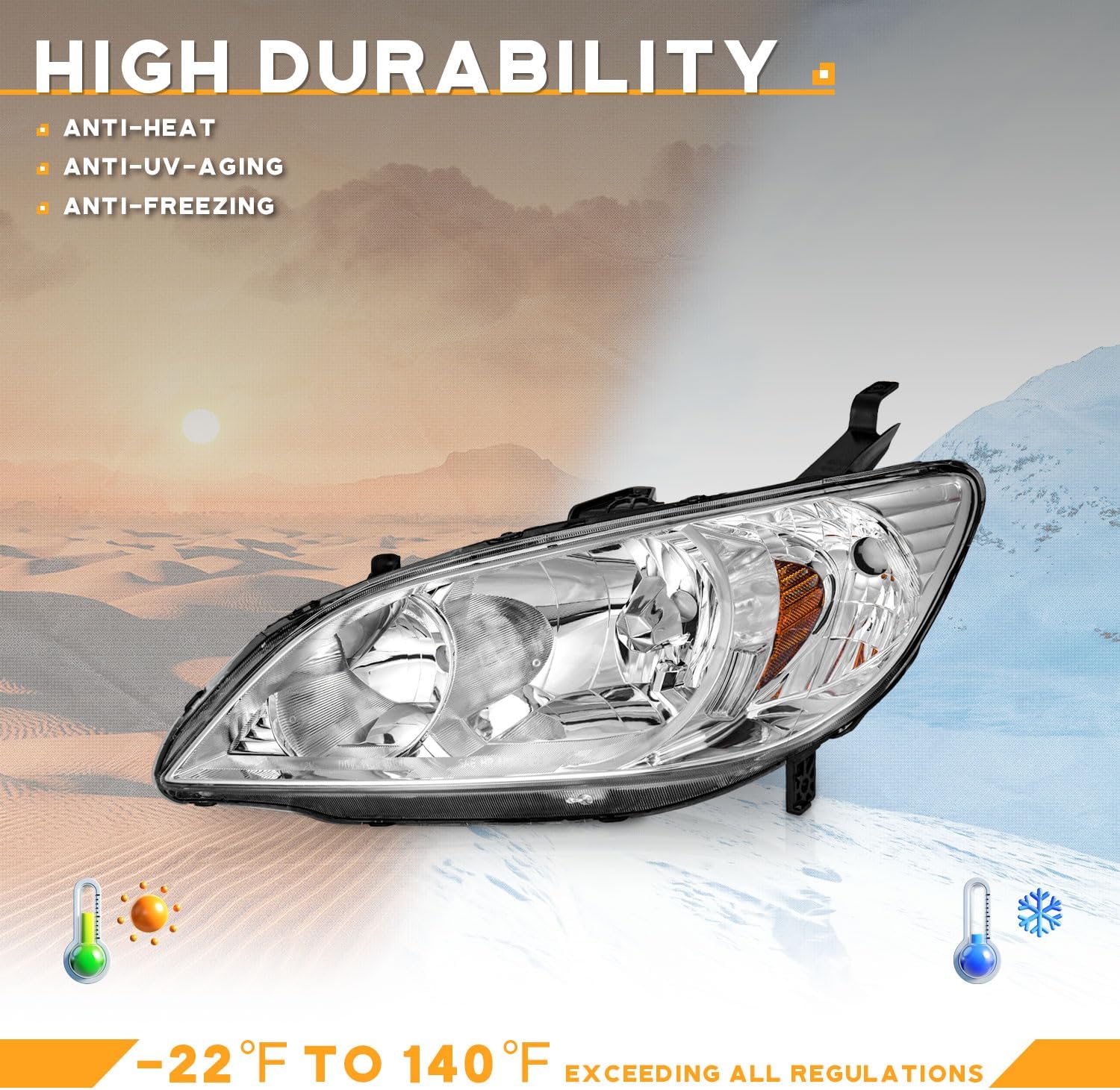 WEELMOTO for 2004-2005 Honda Civic 2/4Door Headlights Assembly Replacement Pair Headlamp Replacement Chrome Housing Amber Reflector Left+Right Side