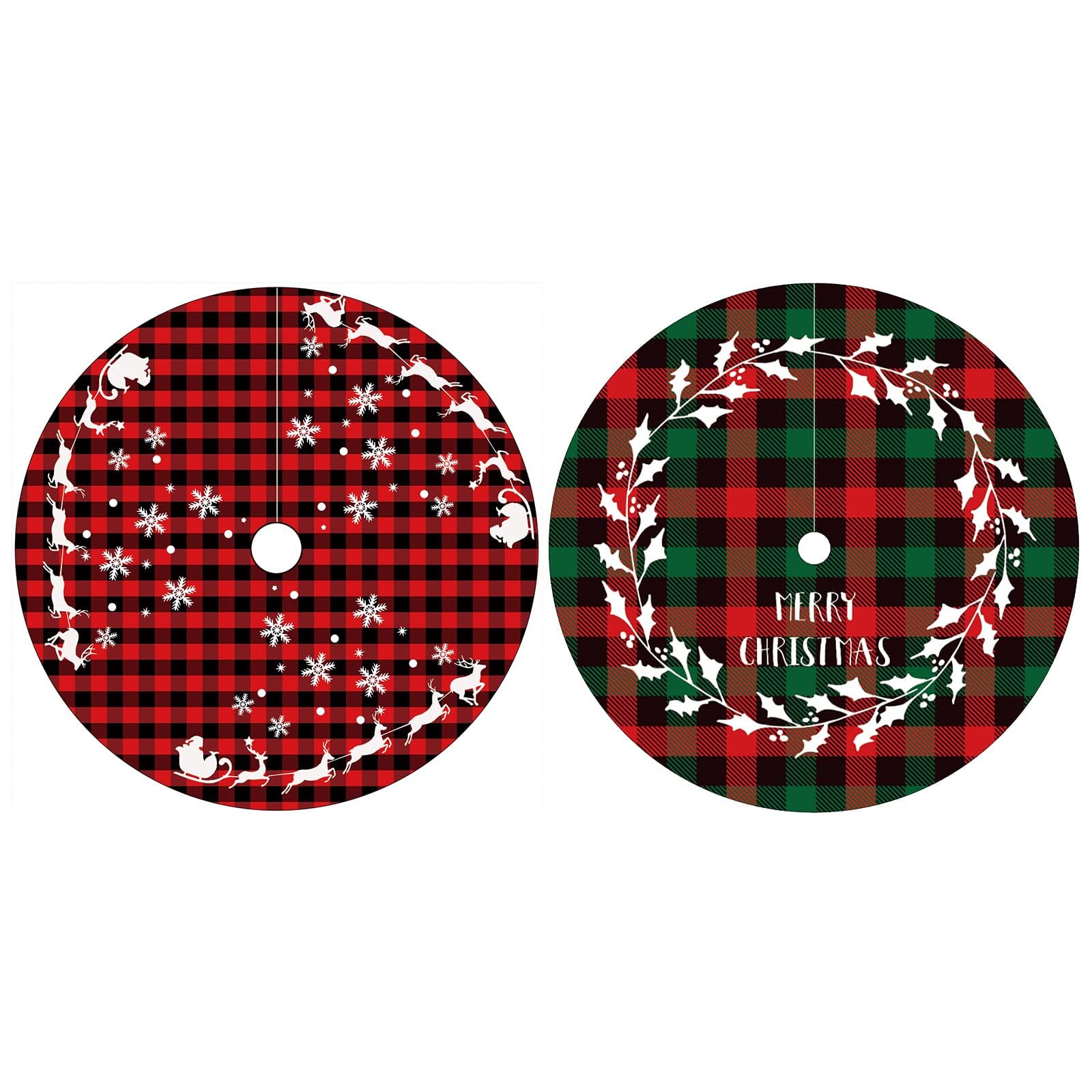 2-Piece Mini Christmas Tree Skirt - 15 Inch Buffalo Check Plaid Tree Skirt - Red & Black Plaid - Snowflake, Reindeer & Santa Designs